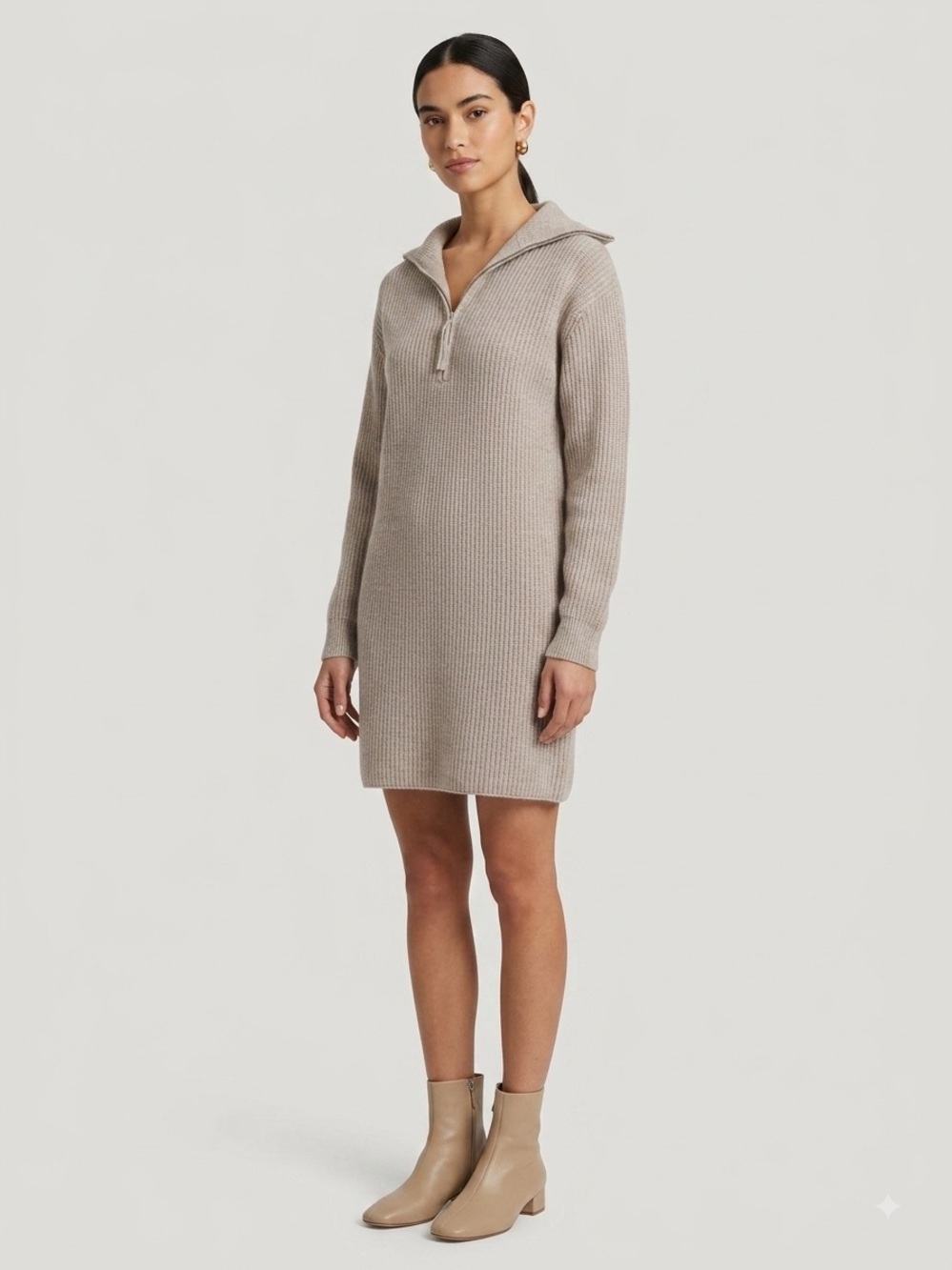 One Grey Day 100% Cashmere Half-Zip Sweater Dress in Cream/Beige Size Small